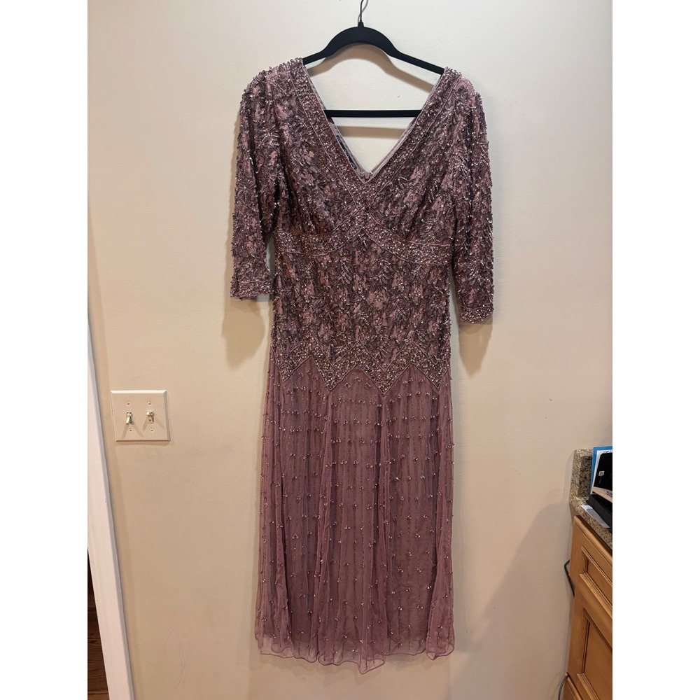 Pisarro Nights Beaded Embellished V Neck Midi Dress‎ 3/4 Sleeve Evening Gown 8P